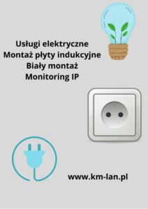 grafika plakat przedstawiający żarówkę, gniazdko elektryczne, napis usługi elektryczne